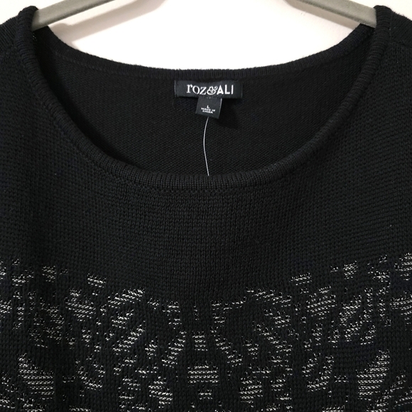 ROZ & ALI Half Sleeve Black Knit Sweater Blouse Metallic Jaquard Filagree Front - Picture 5 of 14